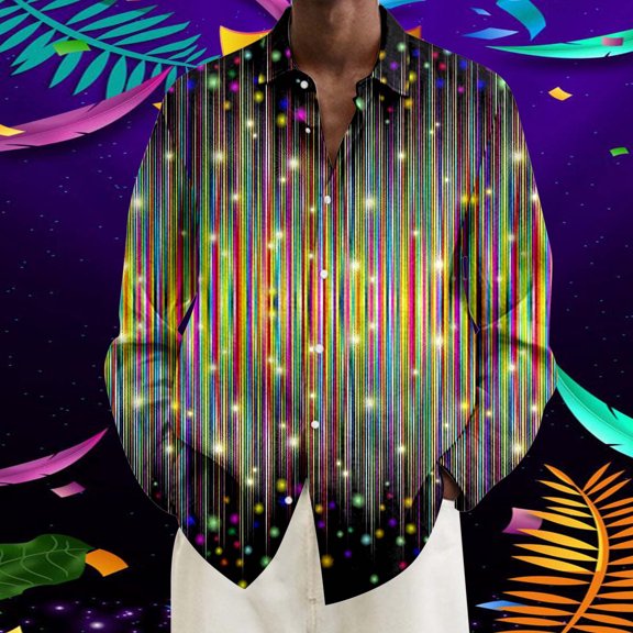 Mens Shirts Stylish Plus Size Loose Carnival Print Lapel Long Sleeve Button Down Top Party Casual Comfortable Shirt for Men Multicolour XL