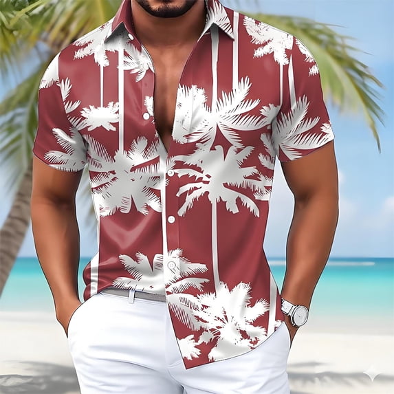 Mens Shirts Summer Beach Short Sleeve Tropical Button Down Collar Loose Fit Relaxed Fit Red Shirts L