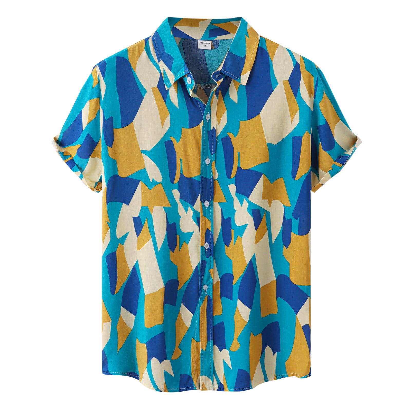 Mens Shirts Summer Casual Geometric Print Shirt Short Sleeve Turn Down