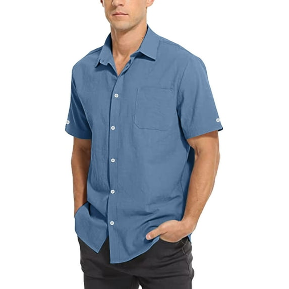 Mens Summer Fashion Casual Classic Solid Color Pocket Single Breasted Cotton And Linen Shirt Short Sleeve Shirt