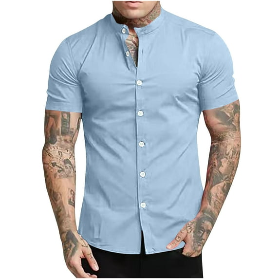 Mens Shirts Summer Fashion Casual Solid Stand Collar Button Short Sleeve Blouse Tops Shirt