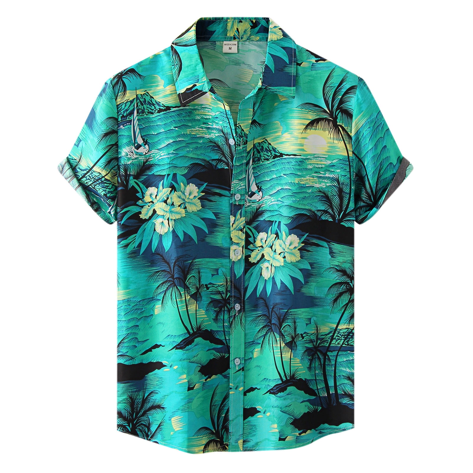Mens Shirts Summer Hawaii Beach Tree Print Short Sleeve Turn Down ...