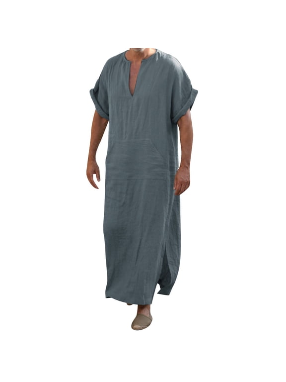 Mens Shirts Summer Kaftan Thobe V Neck Short Sleeve Long Gown Breathable Lightweight Robe Linen Mens Shirt Dark Gray M