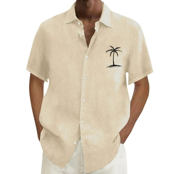Mens Shirts Summer Loose Coconut Tree Printed Short Sleeve Button Down Lapel Blouses Beach Casual Lightweight Mens Dress Shirt Beige XXXL