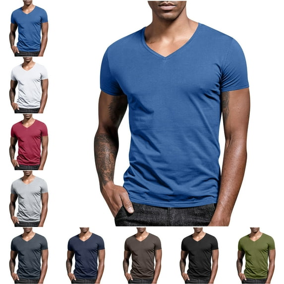 Mens Shirts Summer Muscle T-Shirts for Men Casual Fashion Solid Color Short Sleeved V Neck Shirts for Men Casual Shirts for Men Tall Workout Bodybuiling Muscle Tops