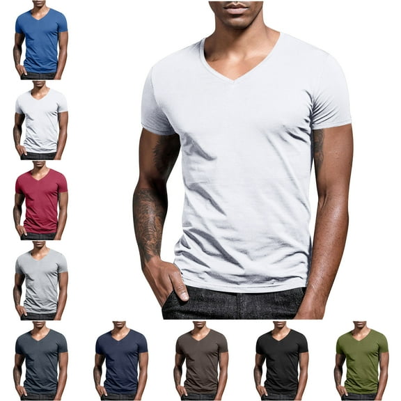 Mens Shirts Summer Muscle T-Shirts for Men Casual Fashion Solid Color Short Sleeved V Neck Shirts for Men Casual Shirts for Men Tall Workout Bodybuiling Muscle Tops