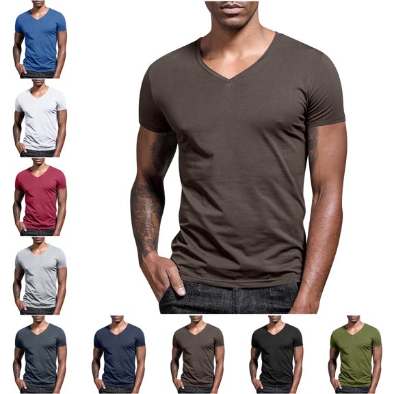 Mens Shirts Summer Muscle T-Shirts for Men Casual Fashion Solid Color Short Sleeved V Neck Shirts for Men Casual Shirts for Men Tall Workout Bodybuiling Muscle Tops