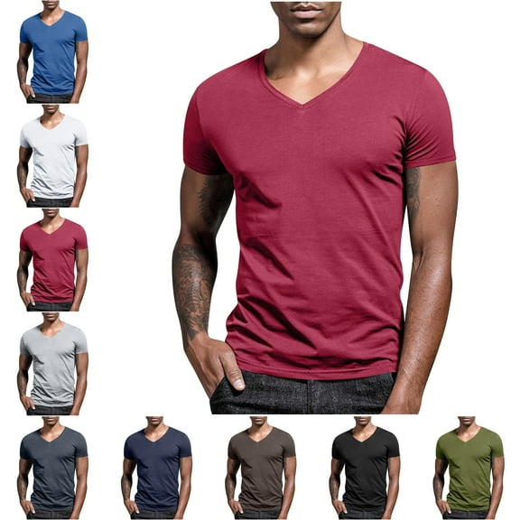 Mens Shirts Summer Muscle T-Shirts for Men Casual Fashion Solid Color Short Sleeved V Neck Shirts for Men Casual Shirts for Men Tall Workout Bodybuiling Muscle Tops