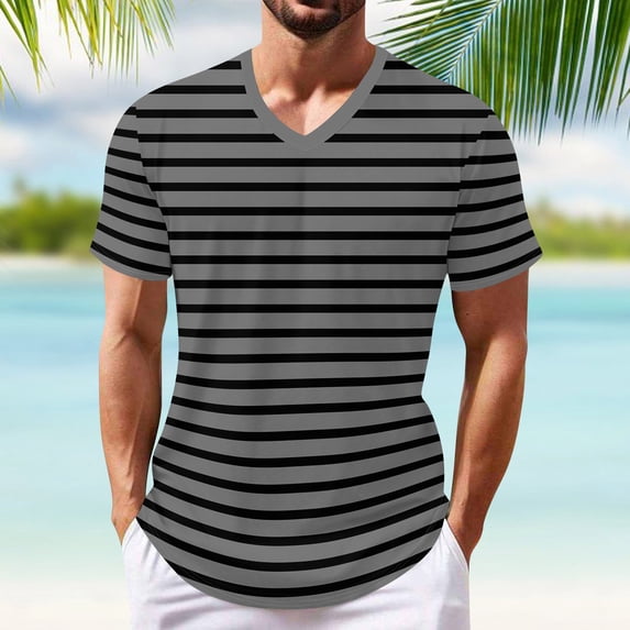 Mens Shirts Summer New Men's Popular T-shirt Printed V-neck Short Sleeved T-shirt Gifts for Men Gray Polyester XL