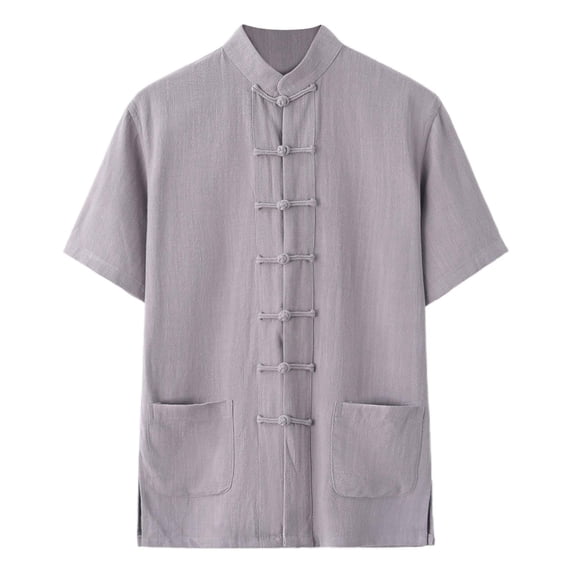 Mens Shirts Tang Suit Solid Short Sleeve Loose Summer Tai Chi Top Mens Hawaiian Shirt Grey XXXXXL
