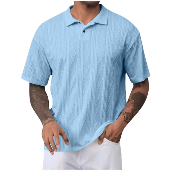 Mens Shirts Textured Knit V-Neck Summer Shirts Light Blue XXXL