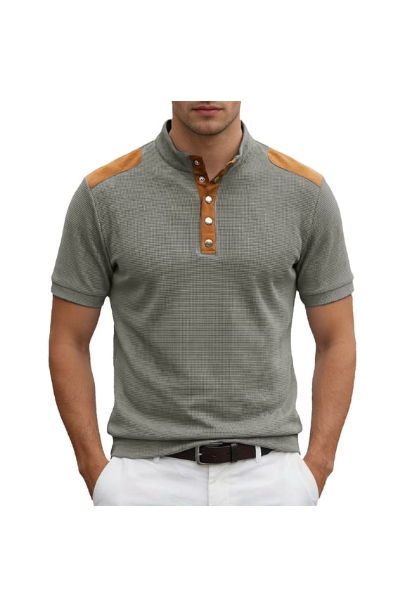 Mens Shirts Textured Stand Collar Contrast Panel Comfort Mens Rugby Shirt,Grey,L