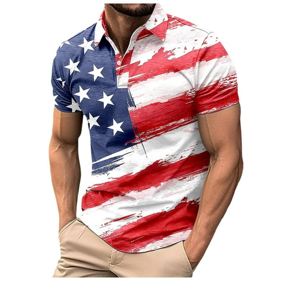 Mens Shirts Tops Short Sleeve Lapel Button Down Color Blocking Star Flag Printed Mens Workout Shirts,Watermelon Red,2XL
