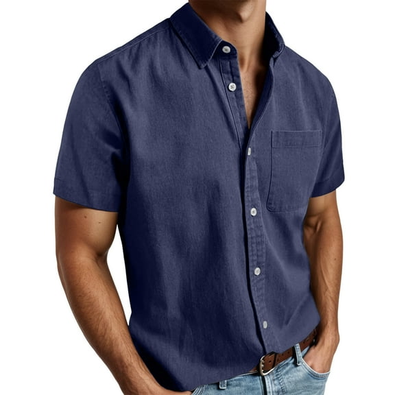 Mens Shirts Tops Short Sleeve Lapel Button Down Pocket Solid Color Mens Knit Polo,Blue,L