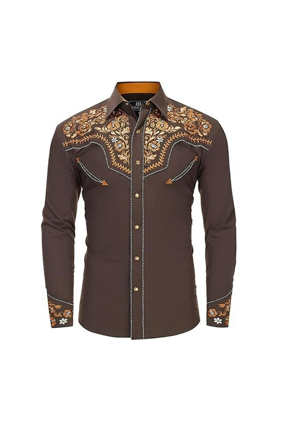 Mens Shirts Tops Western Cowboy Long Sleeve Embroidered Slim Fit Button Down Cropped Mens Fall Clothing,Brown,S