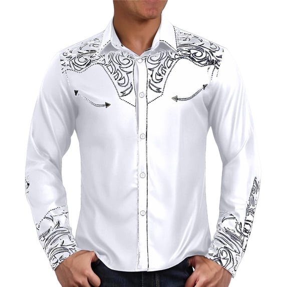 Mens Shirts Tops Western Cowboy Long Sleeve Embroidered Slim Fit Button Down Cropped Mens Work Clothing,White,L