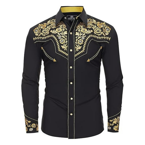 Mens Shirts Tops Western Cowboy Long Sleeve Embroidered Slim Fit Button Down Cropped Mens Work Clothing,Yellow,S