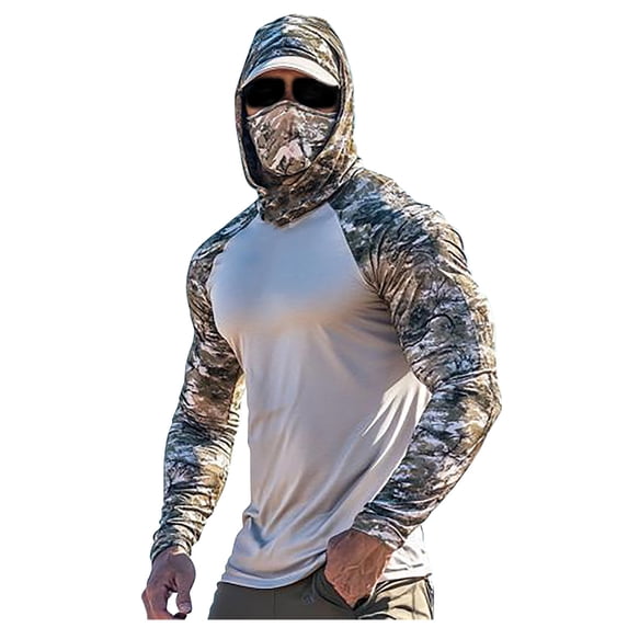 Mens Shirts UPF 50+ Fishing Shirt for Men Working Outdoor Sun Protection Shirt Durable Long Sleeve Hooded Rash Guard Quick Dry UV Blocking for Construction, Hiking Athletic Cover-Up Shirts for Men