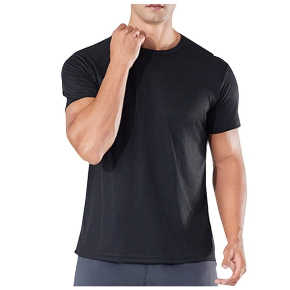 Mens Shirts Under $10 Athletic T-Shirts for Men Solid Color Lightweight Workout Tops Short Sleeve Running Shirt Performance Activewear Black L