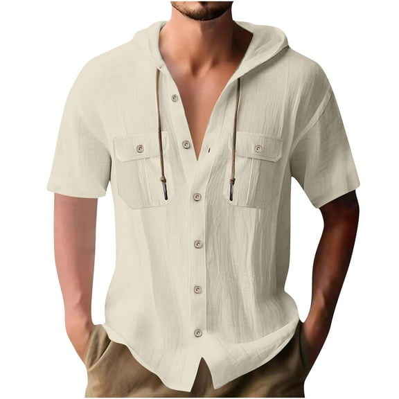 Mens Shirts Under $10 Cotton Linen Hoodie for Men Drawstring Hooded Button Down Beach Hippie Shirt Lightweight Soft Long Sleeve Blouse Tops Khaki XXL