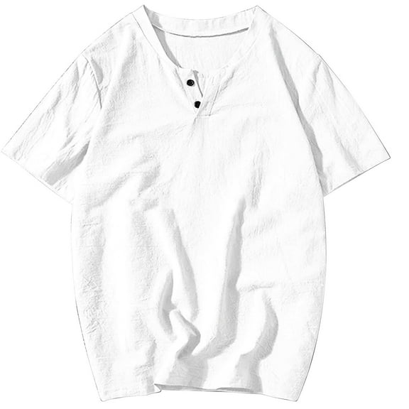 Mens Shirts Under $10 Cotton Linen Shirts for Men Crew Neck Button Down Shirt Casual Short Sleeve Blouse Tops Summer Vacation Beach Shirts White M