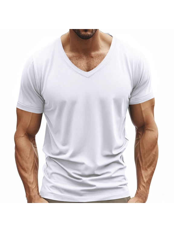 Mens Shirts Under $10 Deep V Neck T-Shirts for Men Big and Tall Short Sleeve Tee Tops Slim Fit Casual Low Cut Shirts