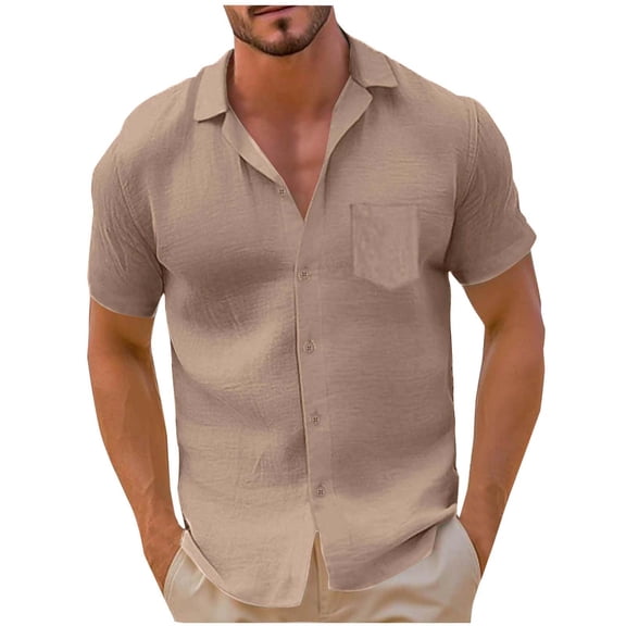 Mens Shirts Under $10 Linen Shirt for Men Short Sleeve Button Down Tropical Shirts Casual Stylish with Pocket Summer Clothes Vacation Outfits Khaki M