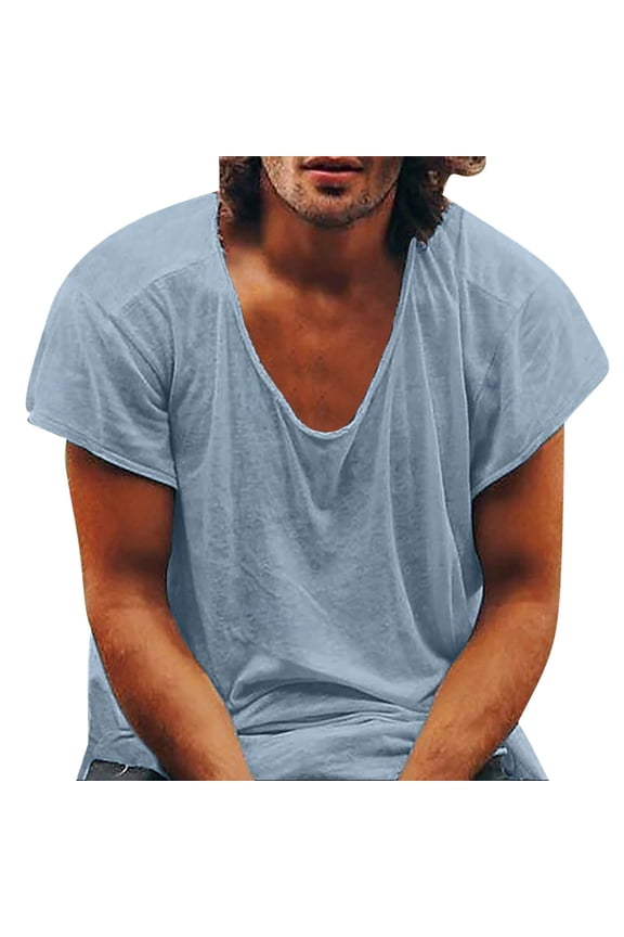 Mens Shirts Under $10 Men Cotton Deep V Neck T Shirt Stretch Muscle Gym Workout Tee Shirt Casual Short Sleeve Slim Fit Low Cut Tank Tops