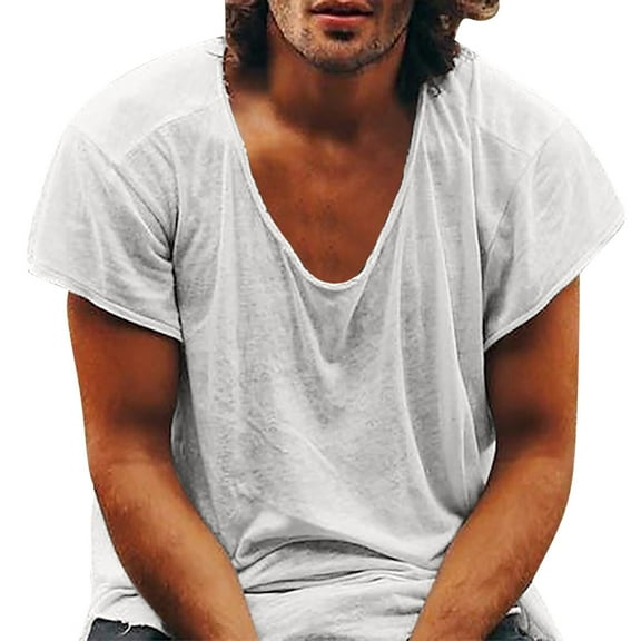 Mens Shirts Under $10 Men Cotton Deep V Neck T Shirt Stretch Muscle Gym Workout Tee Shirt Casual Short Sleeve Slim Fit Low Cut Tank Tops