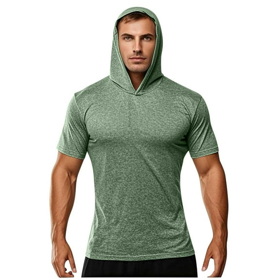 Mens Shirts Under $10 Men Short Sleeve Hoodies Gym Workout Quick Dry Muscle Shirt Tops Sun Protection Athletic Hooded Pullover T-Shirts Army Green M
