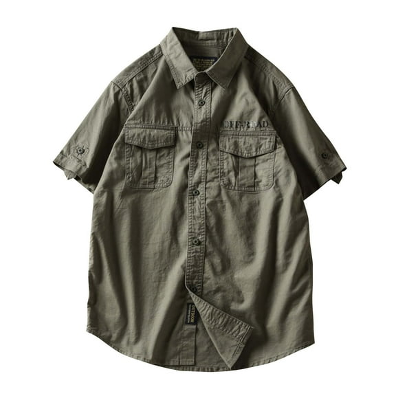 Mens Shirts Under $10 Men Solid Color Shirt Summer Loose Fit Zipper Lapel Vintage Casual Short Sleeve Comfortable Breathable Top