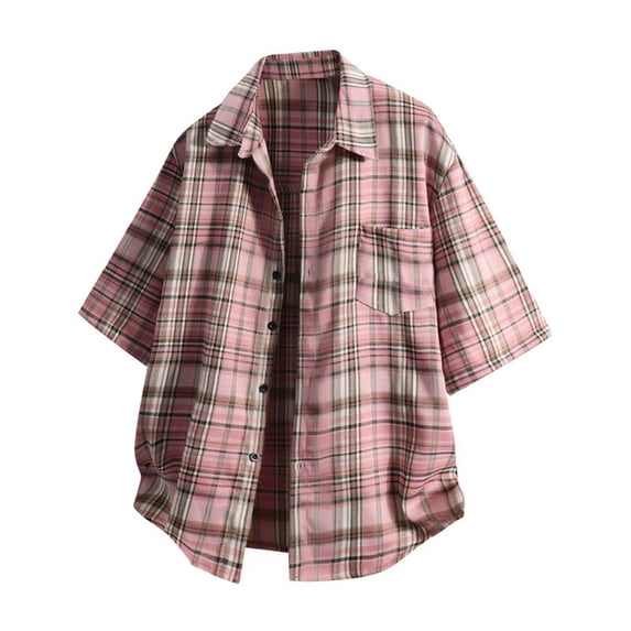 Mens Shirts Under $10 Men's Casual Plaid Button Down Shirt Short Sleeve Gingham Dress Shirts Regular Fit Tee Work Tops with Pocket Pink L