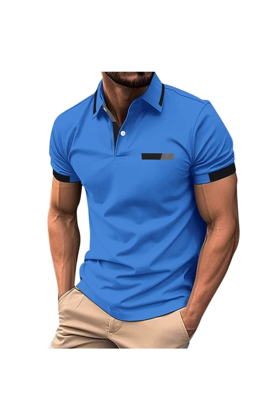 Mens Shirts Under $10 Men's Casual Shirts Solid/Colo Short Sleeve Shirt Classic Striped Slim Fit Golf Tennis Tops Blue M