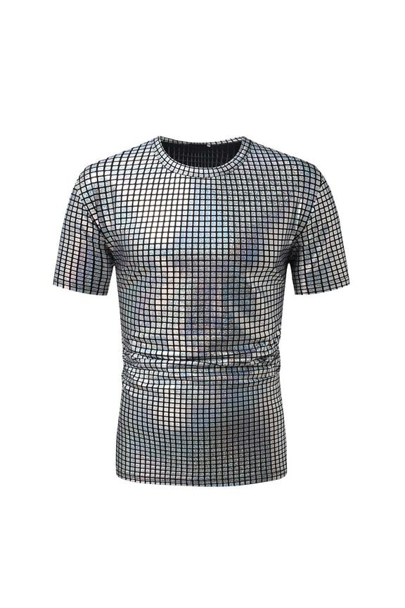 Mens Shirts Under $10 Men's Casual Short Sleeve Sequins Shirts Fashion Round Neck 70s Disco Nightclub Party T Shirts Metallic Costume Tops Silver M