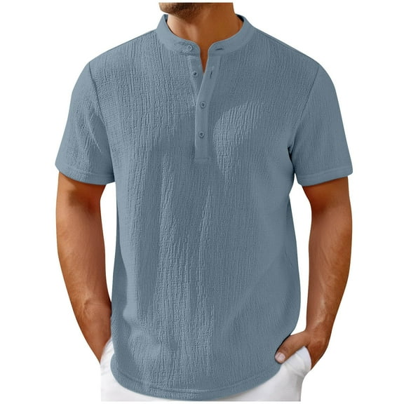 Mens Shirts Under $10 Men's Cotton Linen Striped Casual Short Sleeve, Casual Loose Standing Collar Short Sleeve Shirt