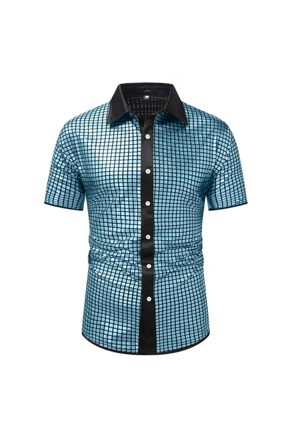 Mens Shirts Under $10 Men's European American Plaid Shiny Lapel Casual Short Sleeve Shirt Light Blue M