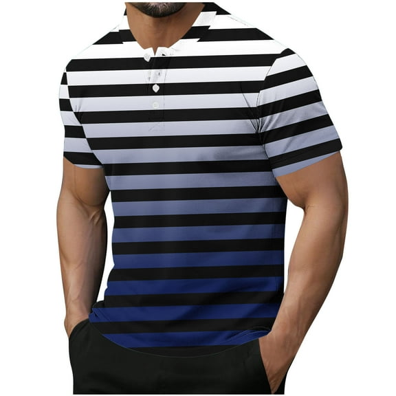 Mens Shirts Under $10 Men's Fashion Gradient Summer Henley Tee Shirt Stretch Casual Striped Short Sleeve Button Up Crewneck Muscle Tops Blue XXL