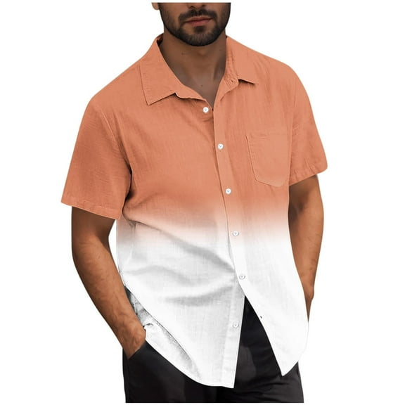 Mens Shirts Under $10 Men's Fashion Shirts Gradient Color Hawaiian Shirt Buttons Up Summer Beach Dress Shirts Orange L