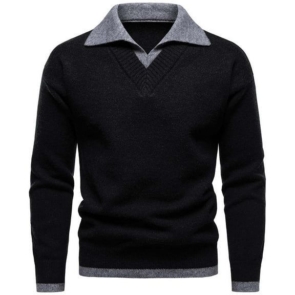 Mens Shirts Under $10 Men's Faux Two-Piece Knitted Pullover Sweater Slim Fit Turn-Down Collar Fleece Lined Warm