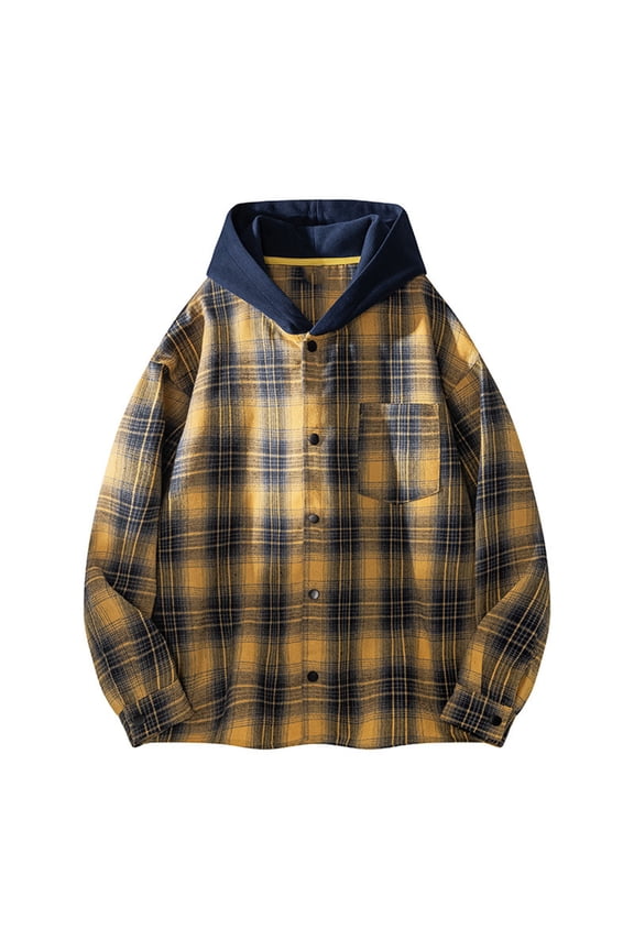 Mens Shirts Under $10 Men's Flannel Shirts Long Sleeve Button Up Shirt Classic Plaid Graphic Relaxed Fit Oversized Retro Shacket with Hood