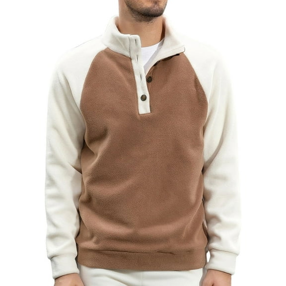 Mens Shirts Under $10 Men's Fleece Button Sweatshirt Long Sleeve Stand Collar Pullover with Vintage Elbow Patches Slim Fit Retro Streetwear