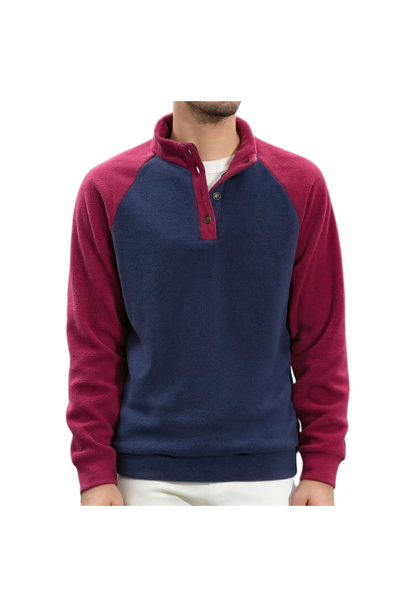 Mens Shirts Under $10 Men's Fleece Button Sweatshirt Long Sleeve Stand Collar Pullover with Vintage Elbow Patches Slim Fit Retro Streetwear