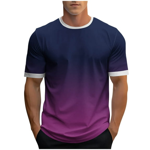 Mens Shirts Under $10 Men's Gradient T Shirt Crew Neck Short Sleeve Summer Casual Athletic Muscle Shirt Gym Running Workout Blouse Top Purple L