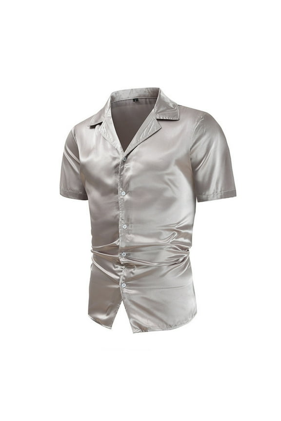 Mens Shirts Under $10 Men's Luxury Shiny Silk Like Satin Dress Shirt Cuban Collar Short Sleeve Casual Slim Fit Muscle Button Up Shirts Coffee XL