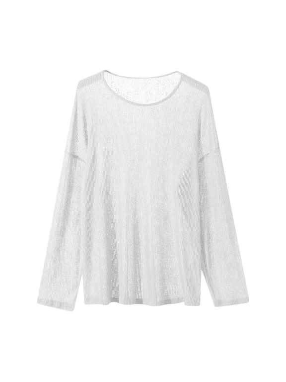 Mens Shirts Under $10 Men's Oversized Long Sleeve Sheer Mesh Knit Sweater Tops Y2K Sexy Loose Hollow Out Pullover Jumper Beach Shirt