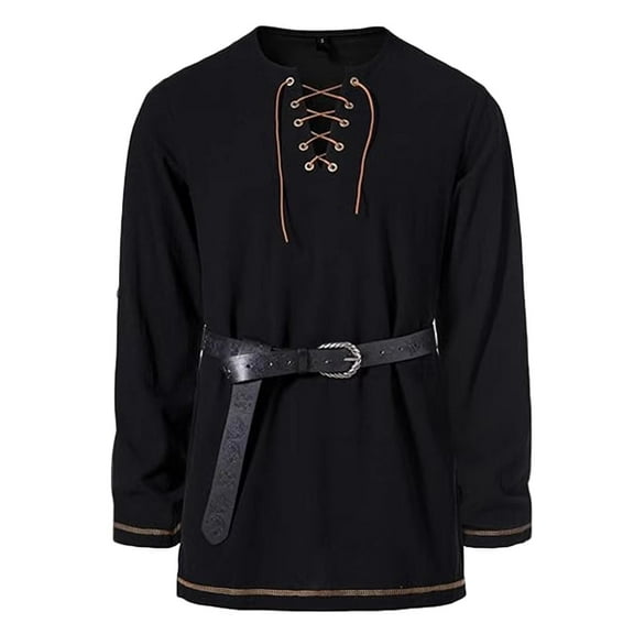 Mens Shirts Under $10 Men's Pure Cotton Vintage Lace Up Shirts for Pirate Renaissance Viking Medieval Costume Without Belt