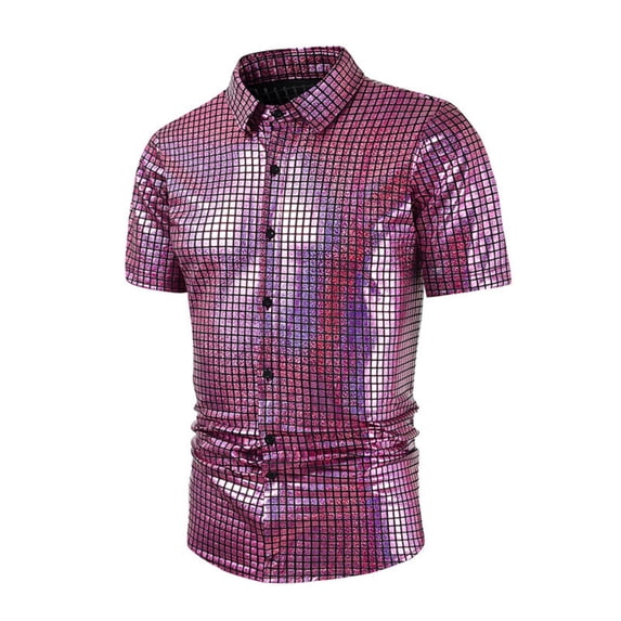 Mens Shirts Under $10 Men's Retro 70s Disco Shirt Sequin Metallic Short Sleeve Button Down Shirt Shiny Party Prom Costume Top Pink XL