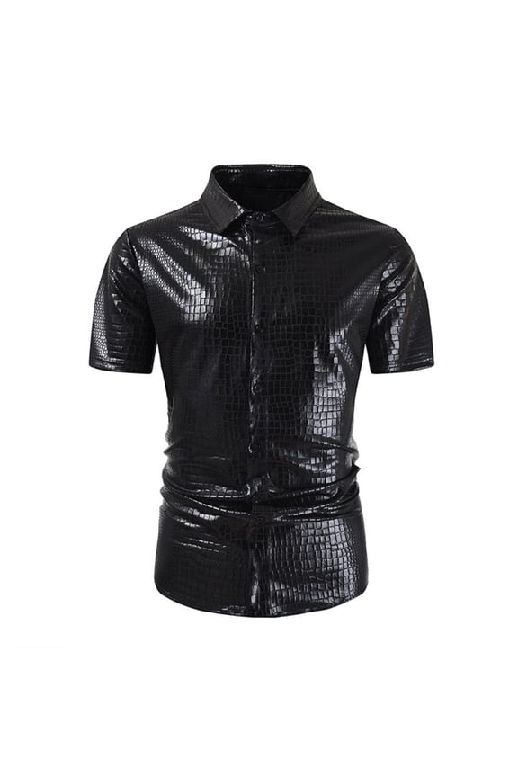Mens Shirts Under $10 Men's Sequin Dress Shirt 70s Disco Costume Sparkle Party Short Sleeve Button Down Shirts Rave Tops Nightclub Outfit Black XL