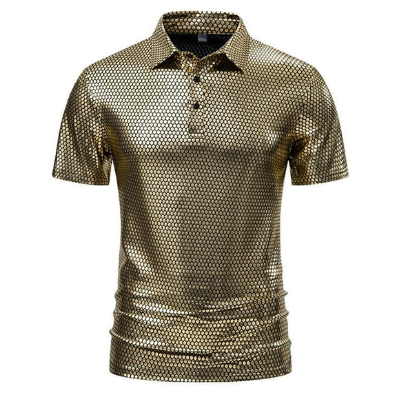 Mens Shirts Under $10 Men's Sequin Short Sleeve Shirts Casual Summer 70s Disco T Shirt Shiny Party Shimmer Hipster T-Shirts Costumes Gold XL
