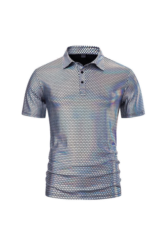 Mens Shirts Under $10 Men's Sequin Short Sleeve Shirts Casual Summer 70s Disco T Shirt Shiny Party Shimmer Hipster T-Shirts Costumes Silver M